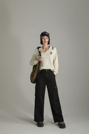 Color Pocket Wide Casual Pants