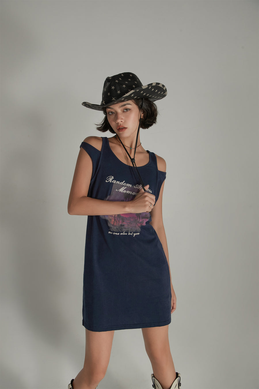 CHUU Random Access Memory Off The Shoulder Printed T-Shirt Dress