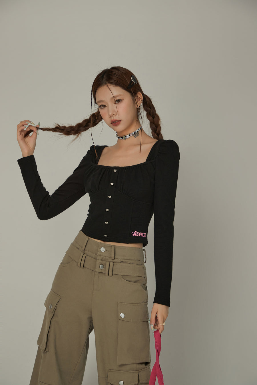 CHUU Heart Buttons Square Puff Sleeve Top