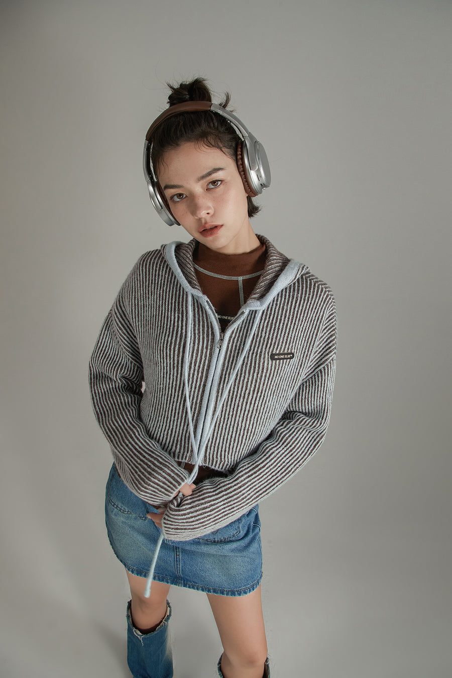 CHUU Zip-Up Hooded Knit Cardigan