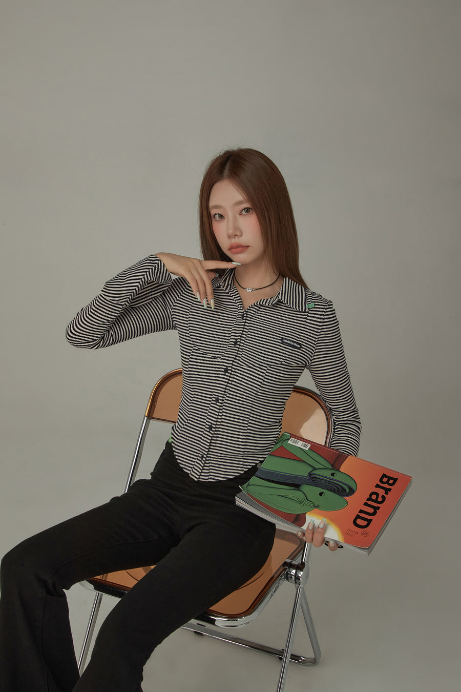 CHUU Striped Slim Bell Sleeve Shirt