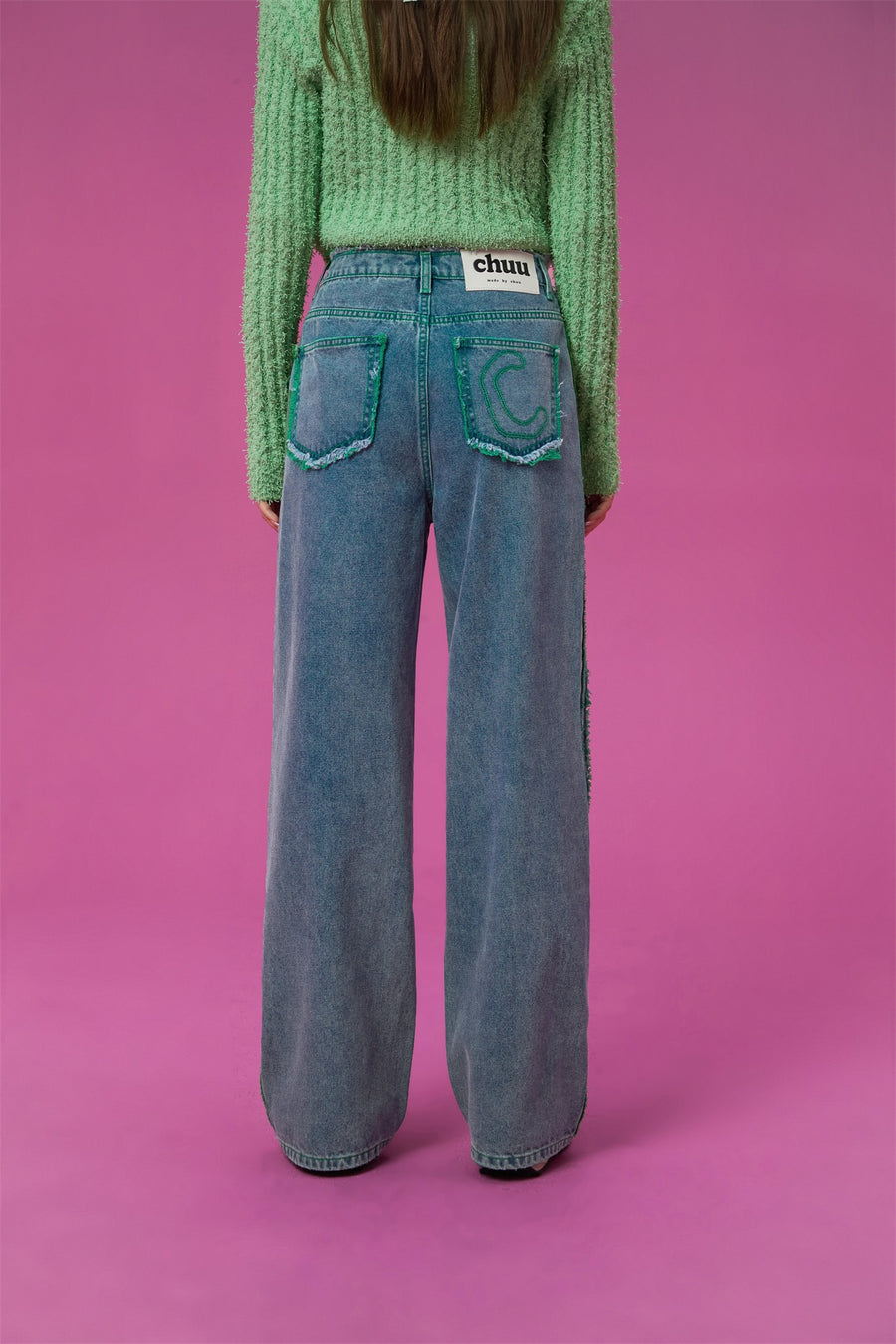 CHUU Frayed Denim Color Lined Straight Jeans