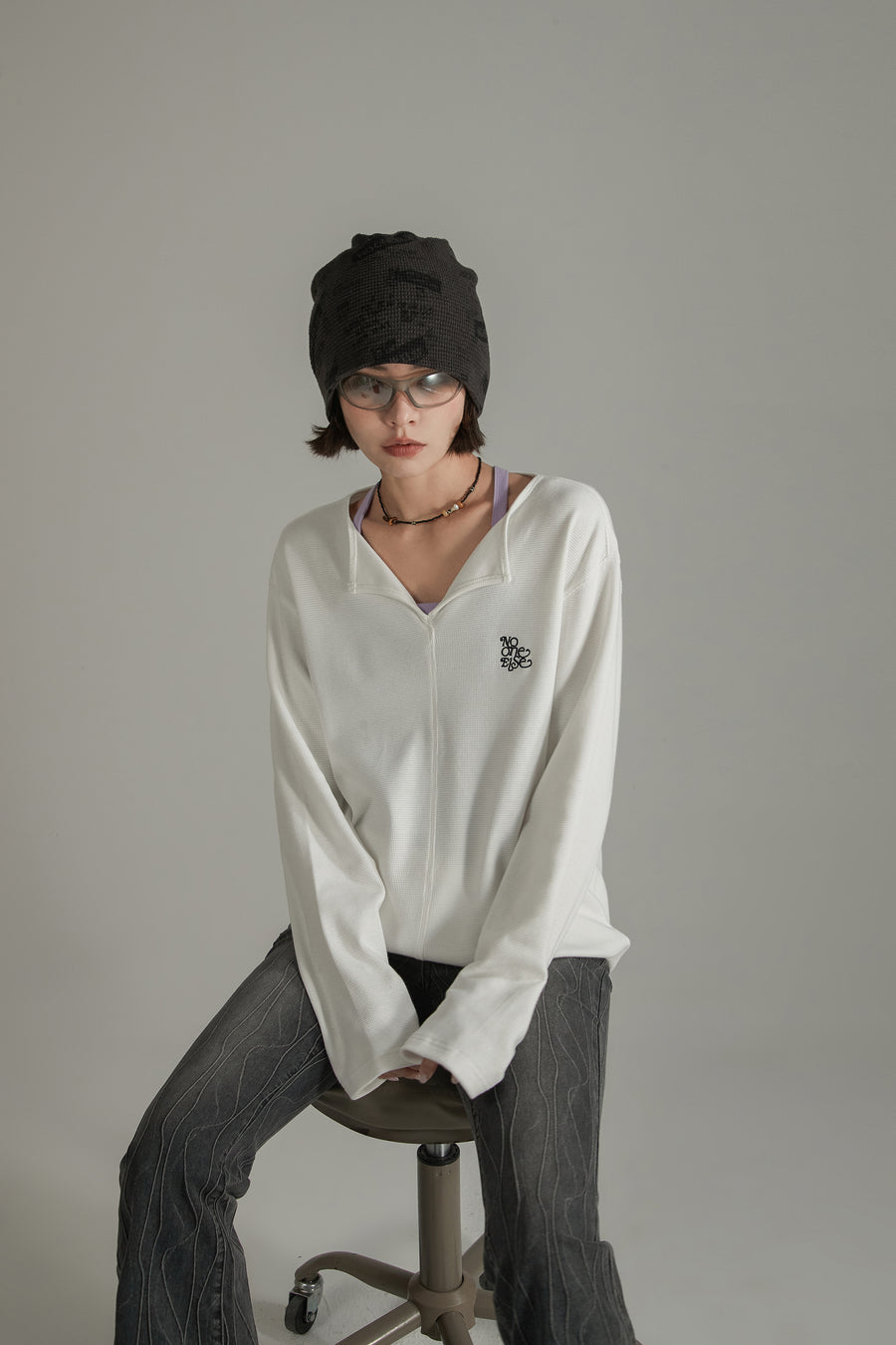 CHUU Logo Basic Open Collar Long Sleeve T-Shirt