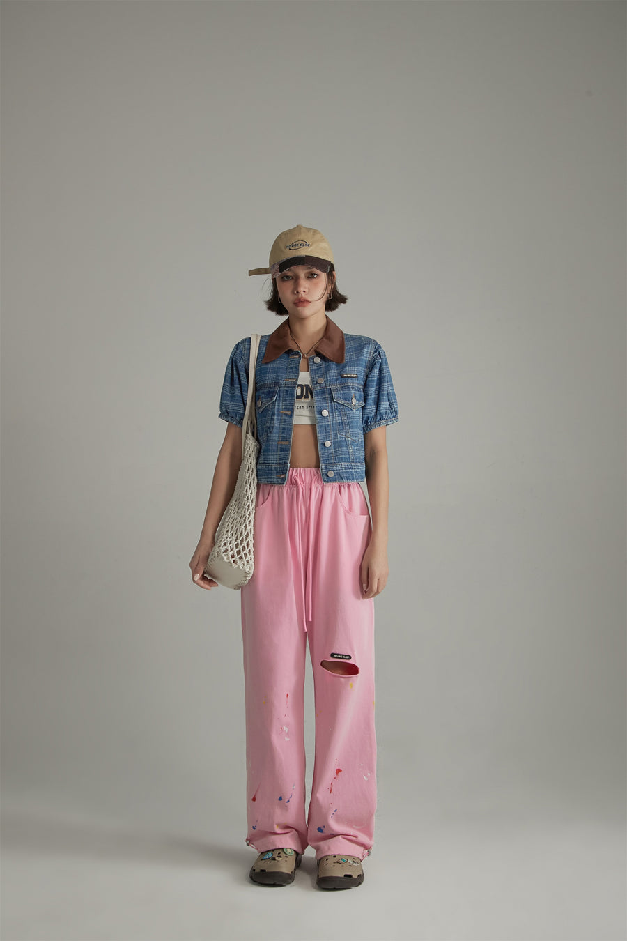 CHUU Vintage Check Puffy Short Sleeve Denim Jacket