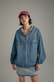 Embroidered Letter Denim Hooded Jacket