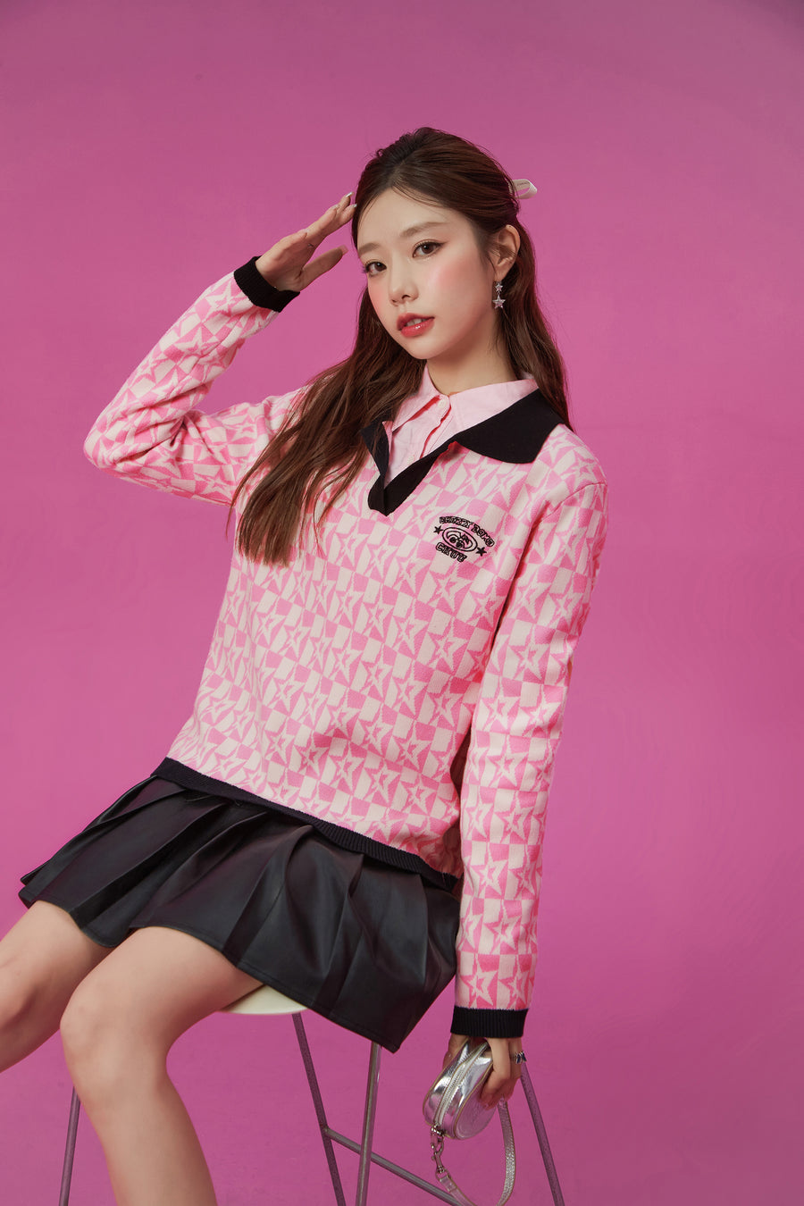 CHUU Open Collar Star Knit Sweater