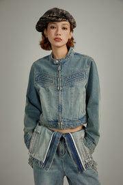 Neck Button Washed Denim Jacket