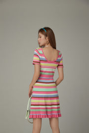 Rainbow Stripe Lettering Ruffle Hem Knit Dress