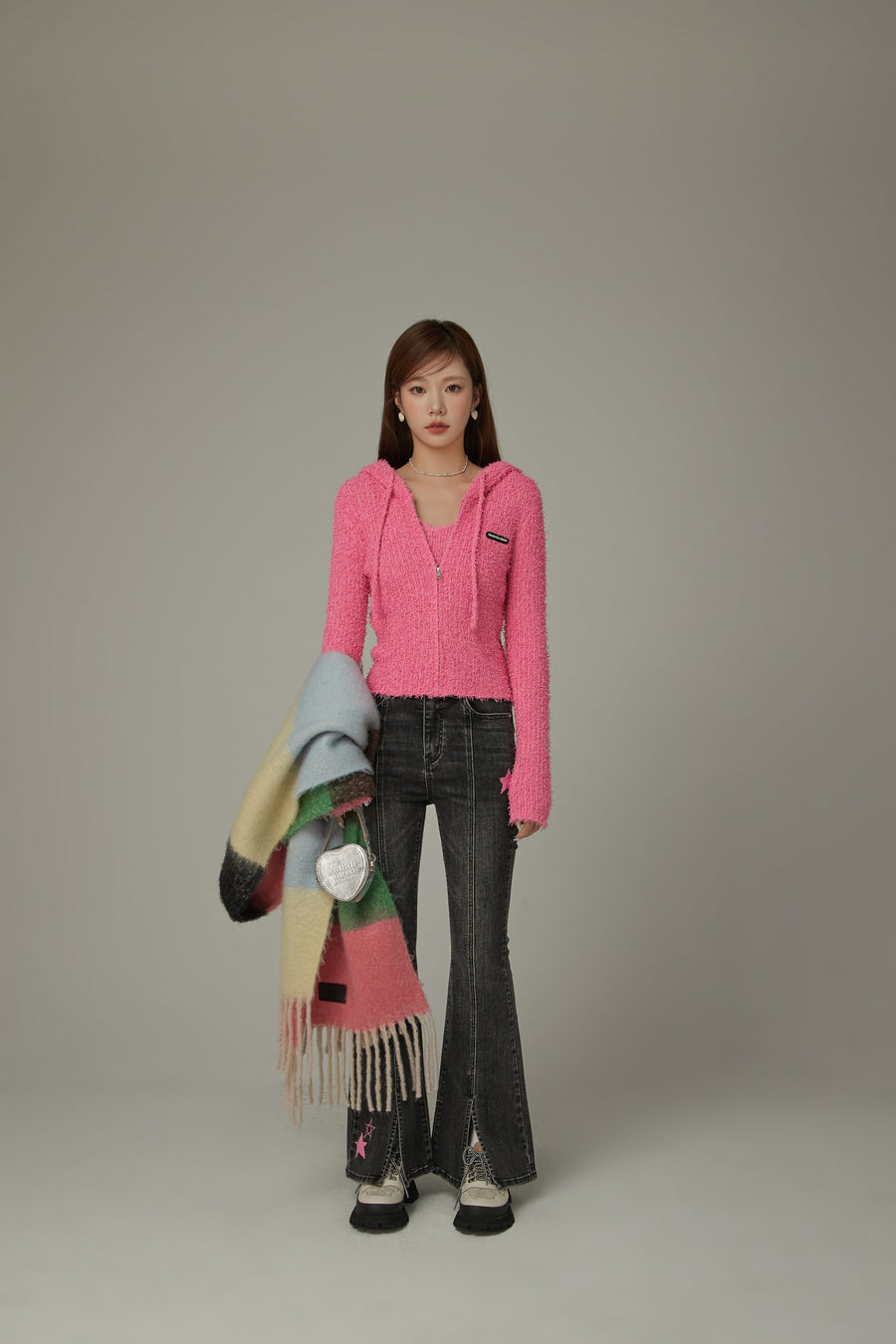 CHUU Fuzzy Hooded Knit Cardigan