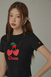 Logo Heart Cherry Printed Slit Short Sleeve T-Shirt