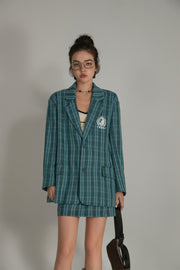 Vintage Check Preppy Embroidered Blazer Jacket