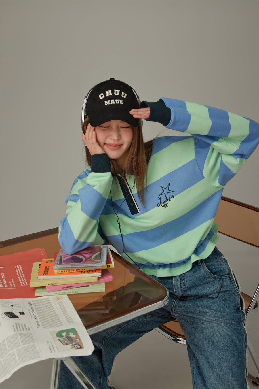 CHUU Polo Neck Stripe Sweatshirt