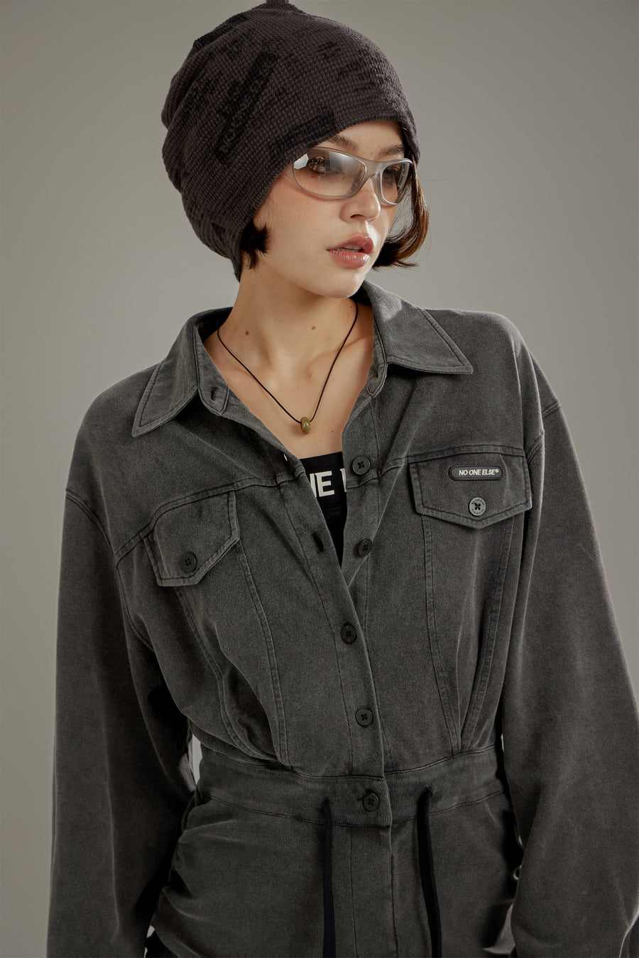CHUU String Shirring Shirt Mini Dress