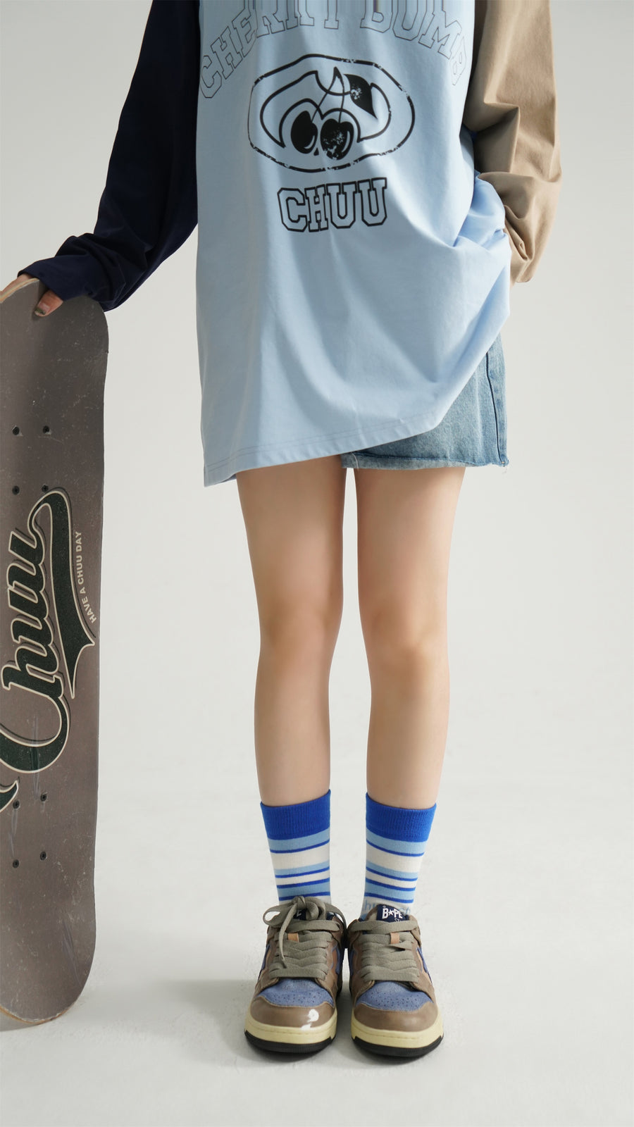 CHUU Striped Logo Color High Socks