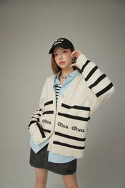 Lettering Striped Knit Cardigan