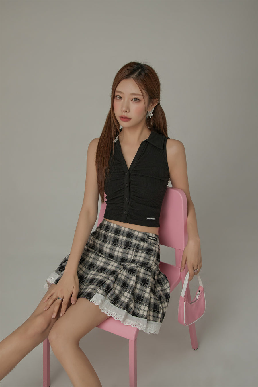 CHUU Checked Lace Hem Mini Skirt