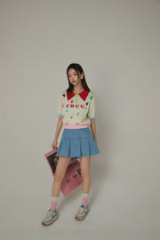 Polo Neck Color Blocked Multi-Color Pixel Block Pattern Knit Top