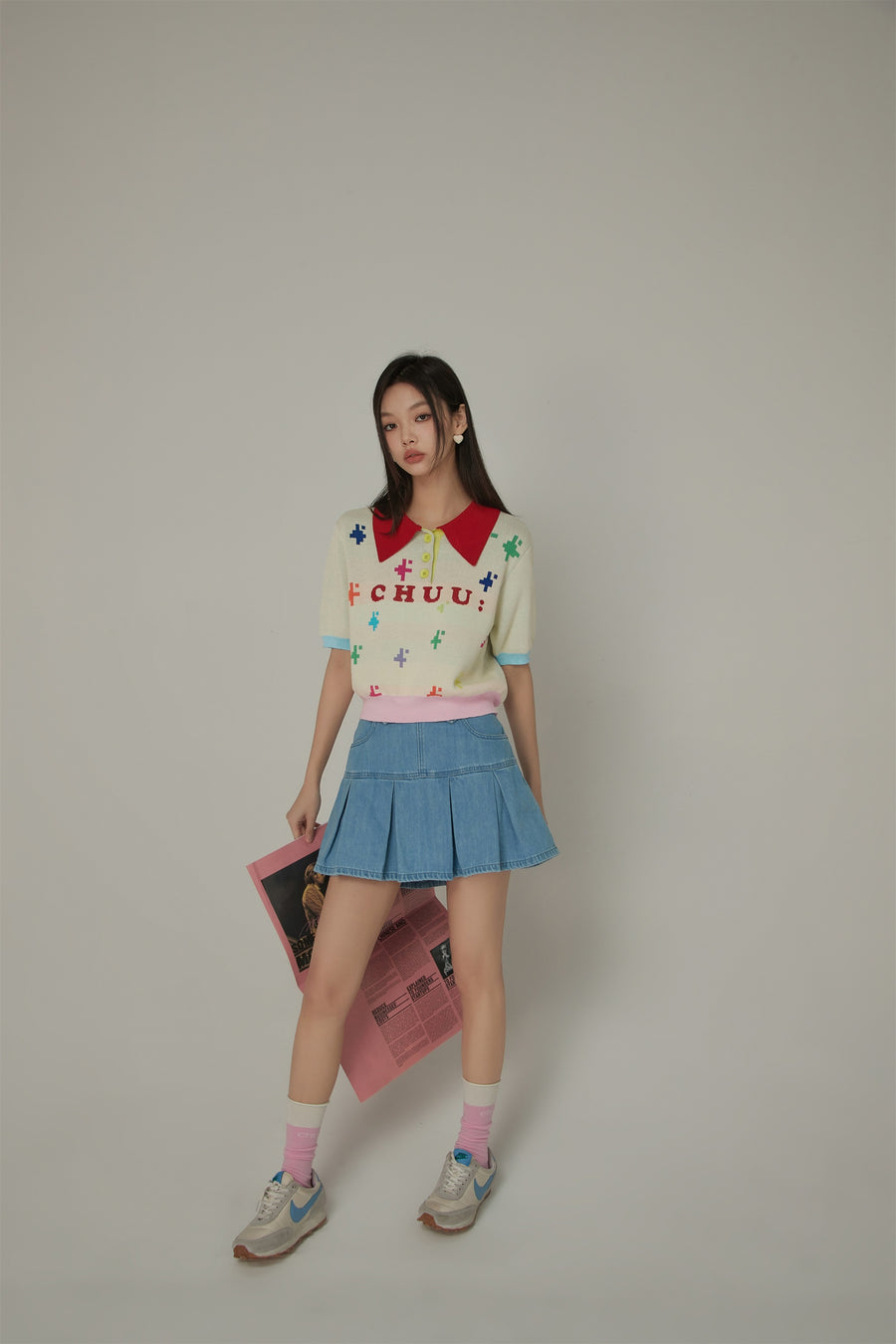 CHUU Polo Neck Color Blocked Multi-Color Pixel Block Pattern Knit Top