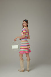 Rainbow Stripe Lettering Ruffle Hem Knit Dress