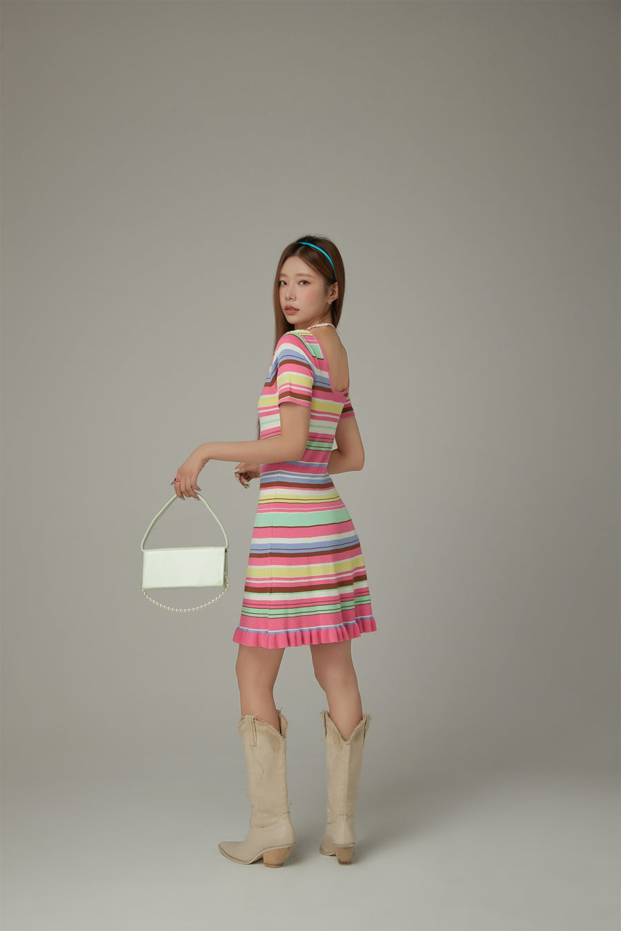 CHUU Rainbow Stripe Lettering Ruffle Hem Knit Dress