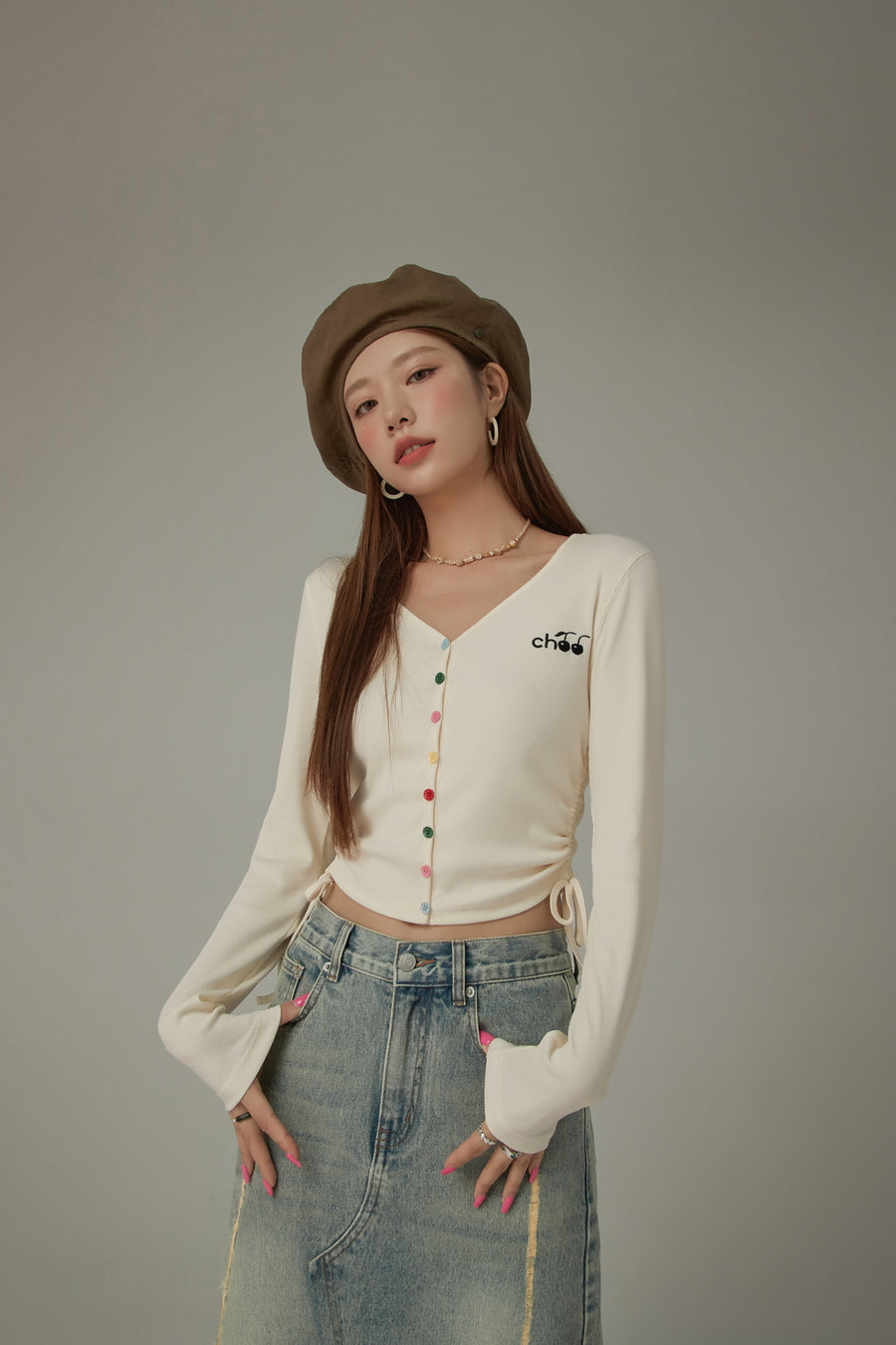 CHUU V- Neck Rainbow Button Logo Tie Up Top