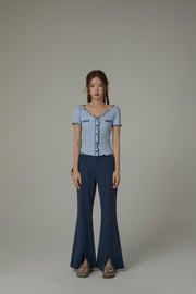 Color Ruffle Lining Button Slim Top