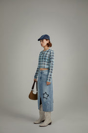 Star Denim Long Slit Skirt