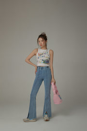 Elastic Waist Slit Semi Bootcut Pants