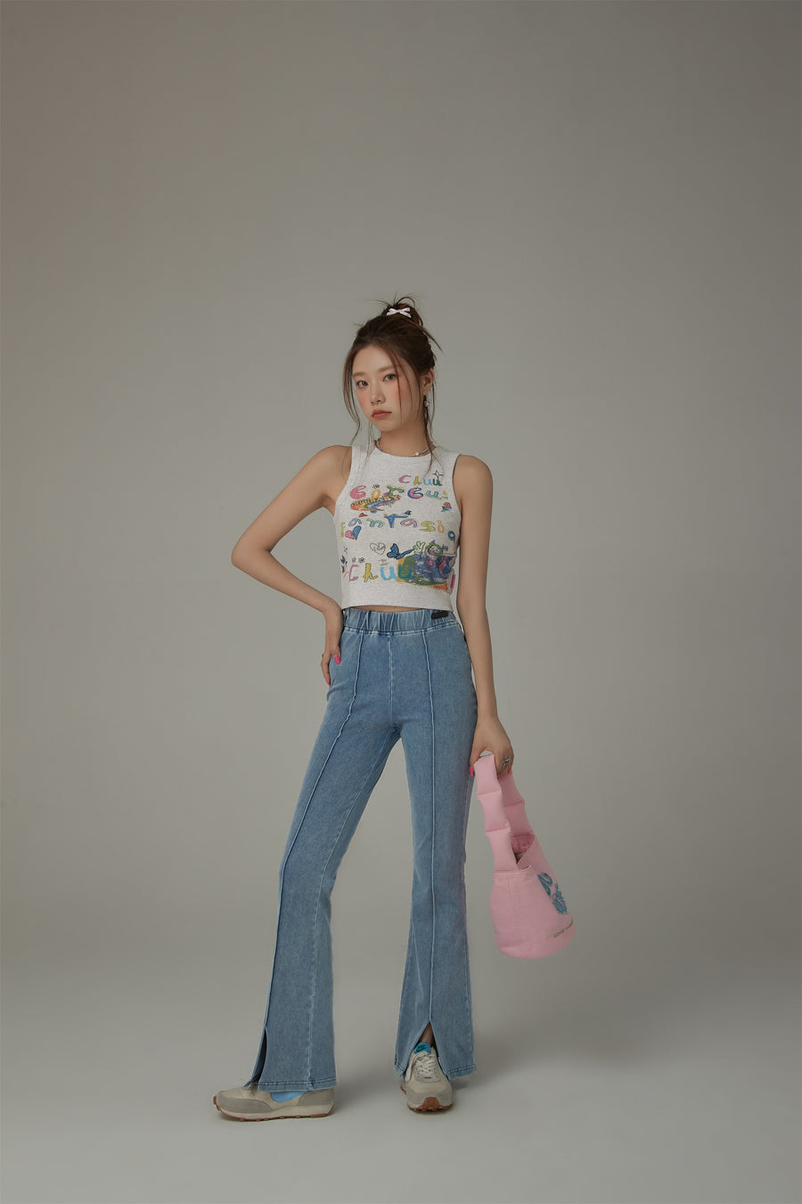 CHUU Elastic Waist Slit Semi Bootcut Pants