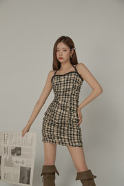 Check Sleeveless Halter Neck Shirring Dress