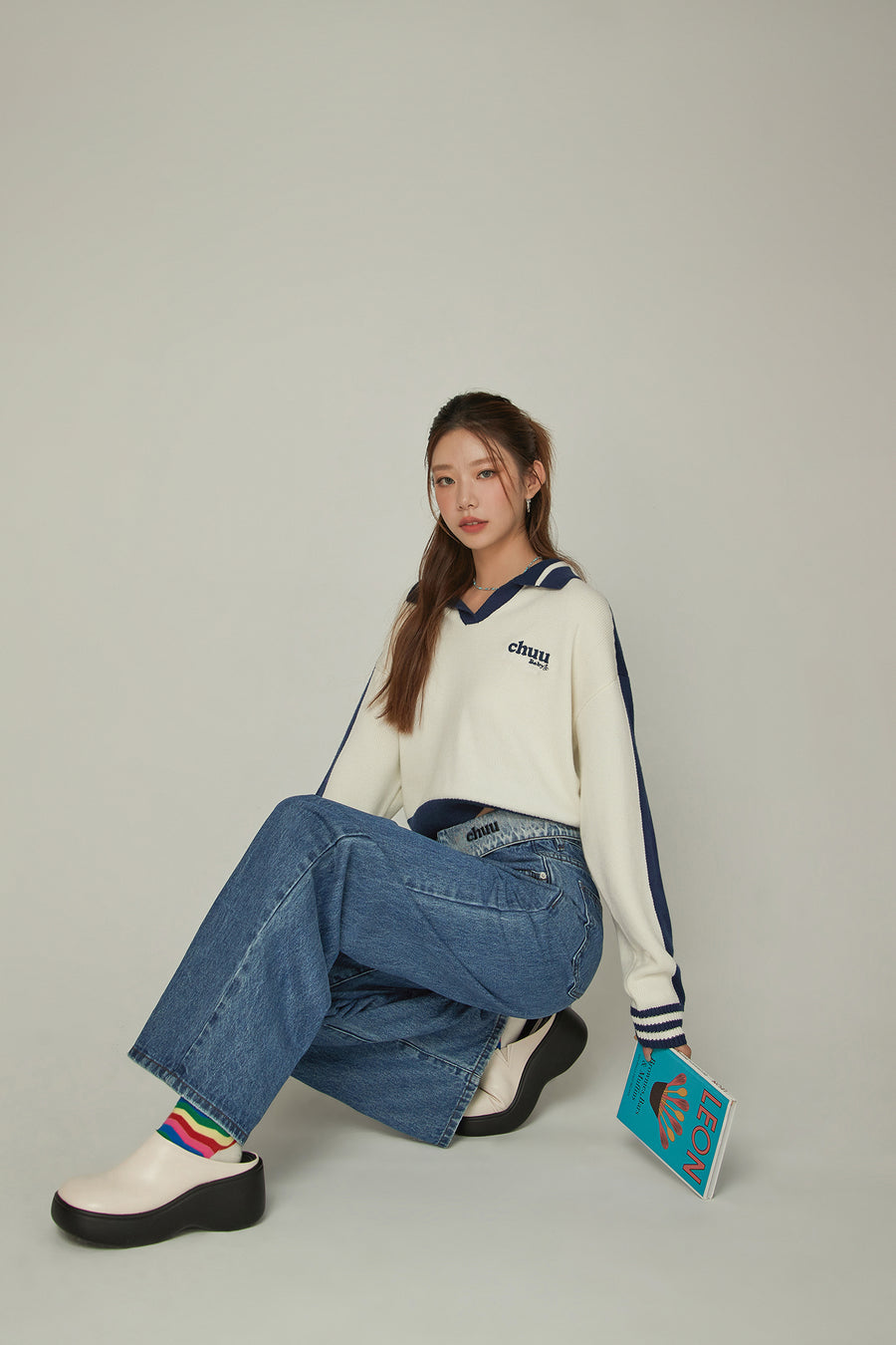 CHUU Open Collar Color Knit Sweater