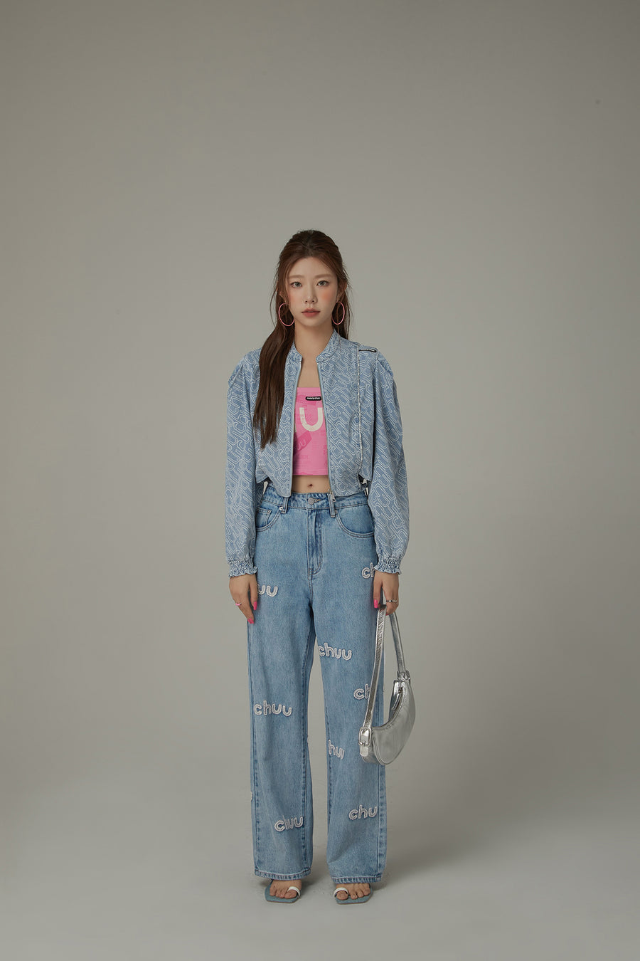 CHUU Logo Lettering Denim Zip Up Jacket