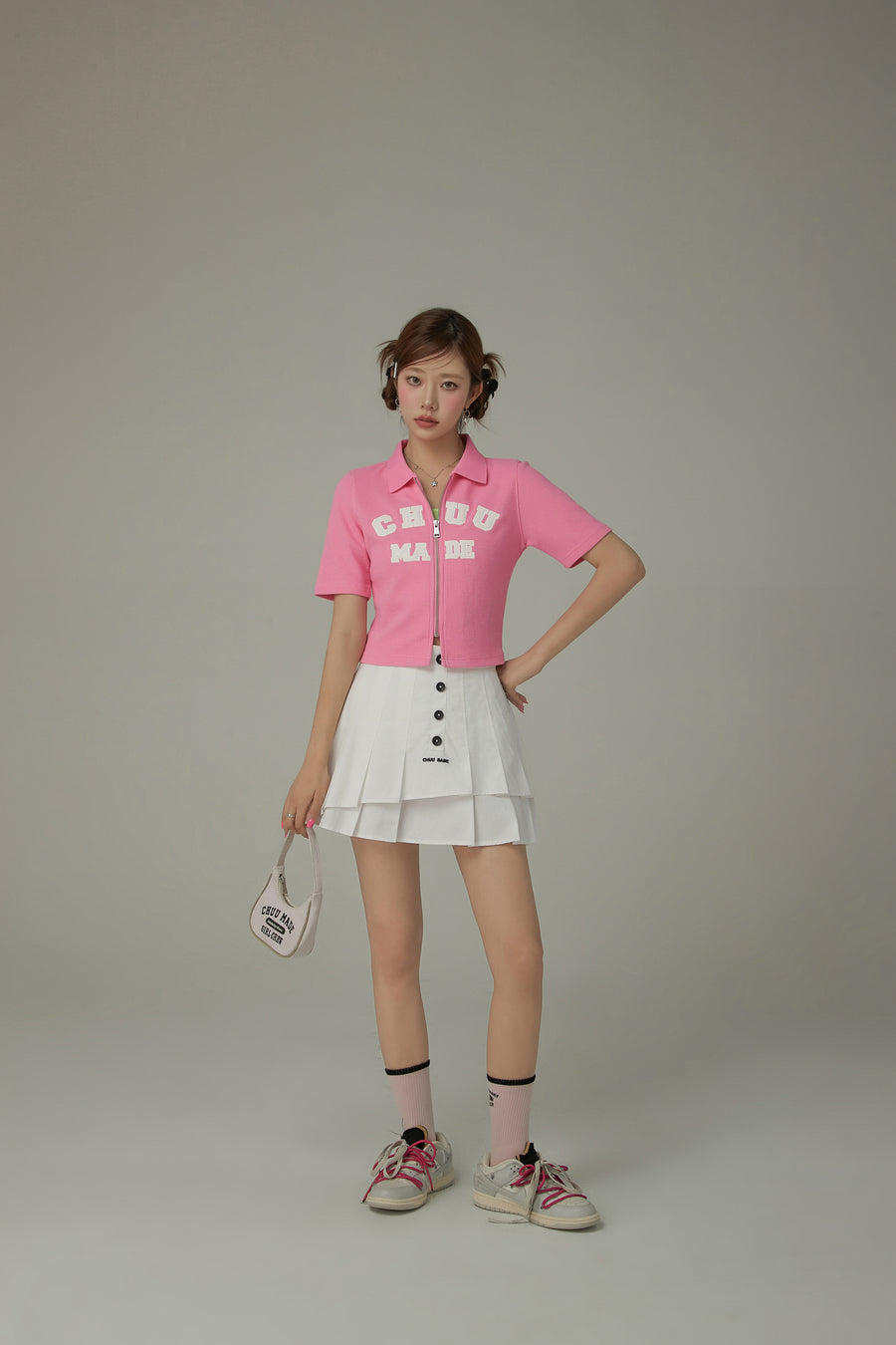 CHUU Logo Color Waffle Short Sleeve Zip-Up Top