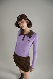 Polo Neck Color Combination Knit Top