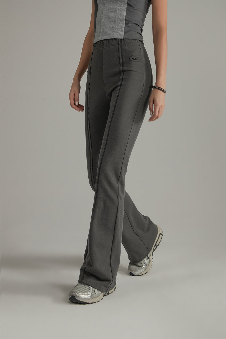 CHUU Elastic Waist Stitch Cotton Bootcut Pants