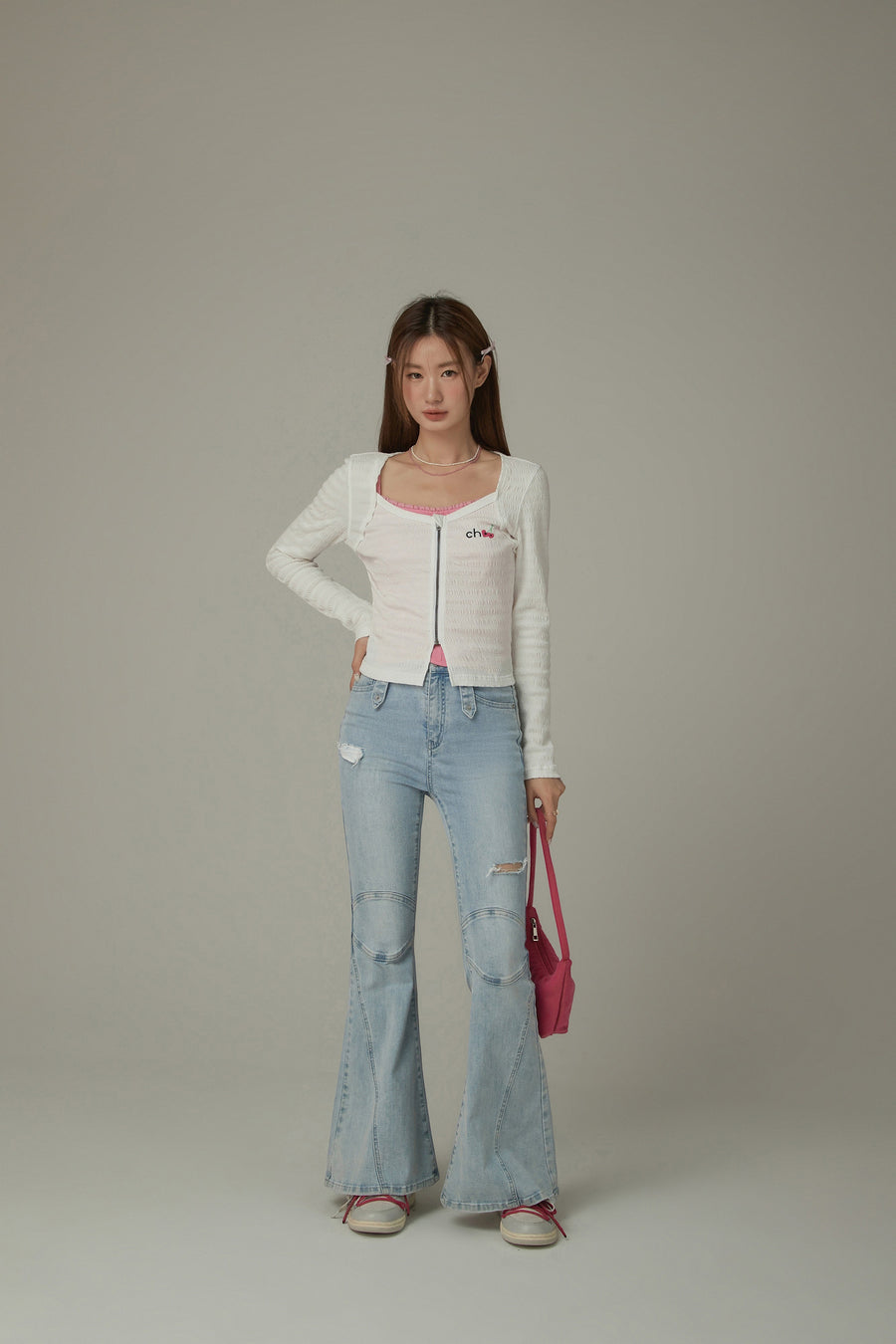 CHUU Cherry Embroidered Logo Zip-Up Top