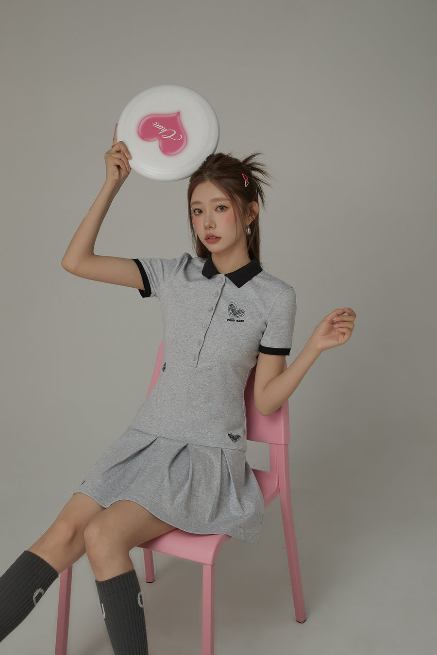 CHUU Polo Neck Pleated Short Sleeve Dress