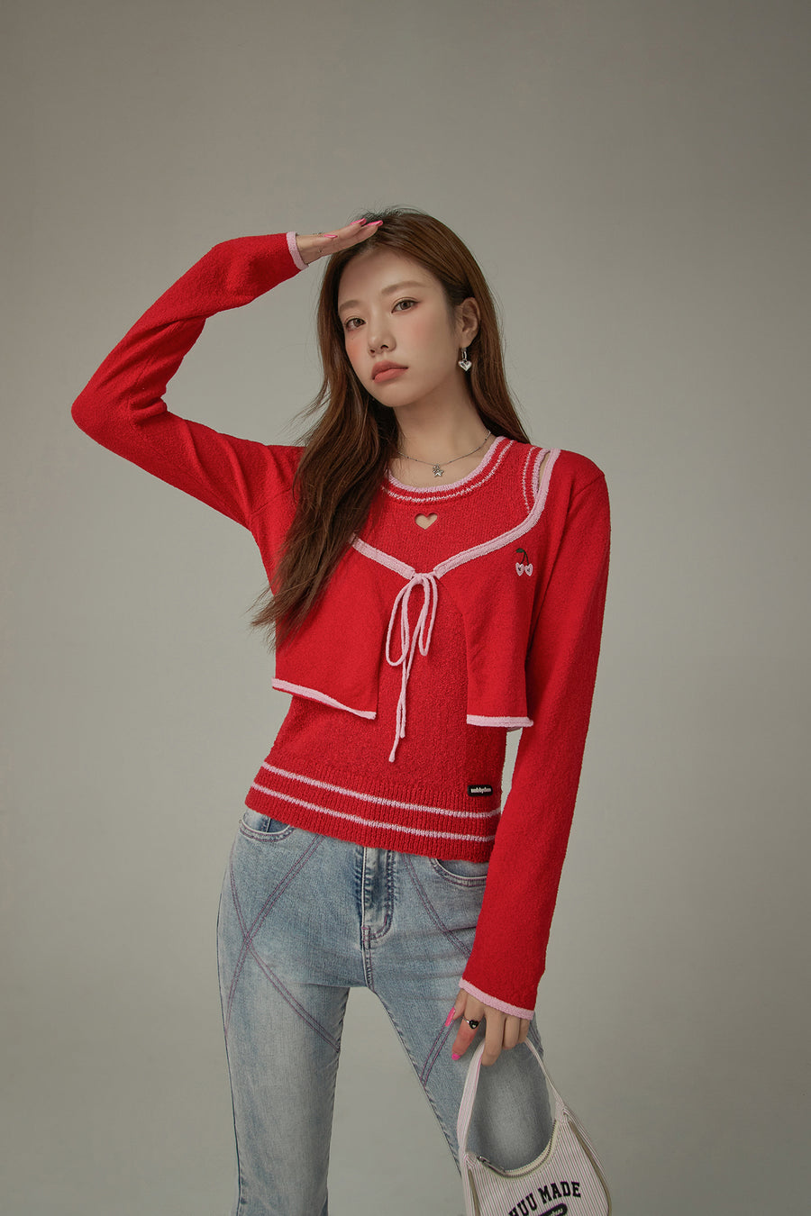 CHUU Little Cherry Embroidered Ribbon Tie Cardigan