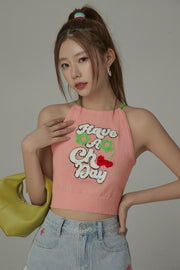 Embroidered Have A Chuu Day Cherries Sleeveless Halter Neck Top