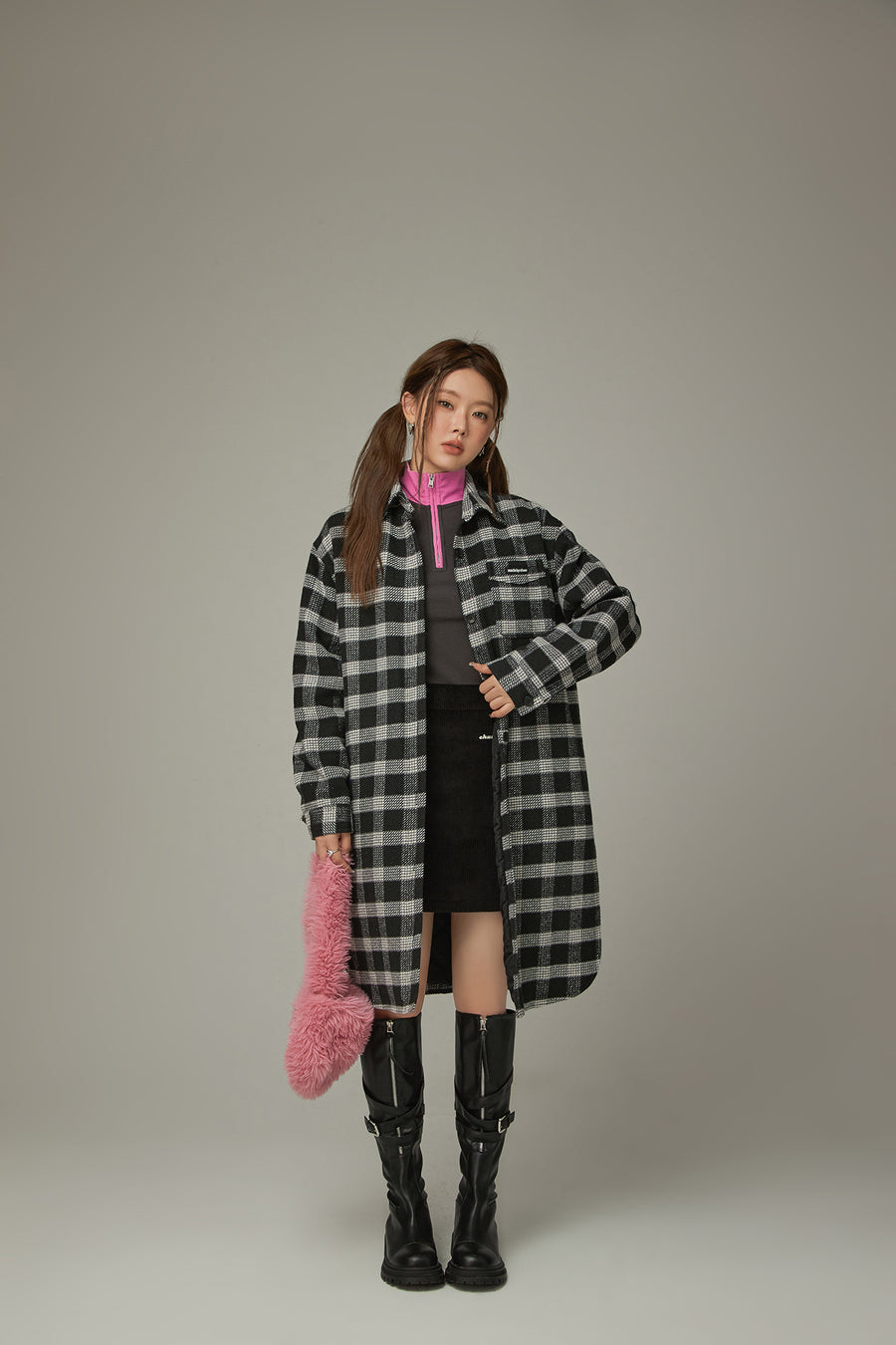 CHUU Check Long Button Coat