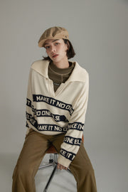 Open Collar Lettering Knit Sweatshirt