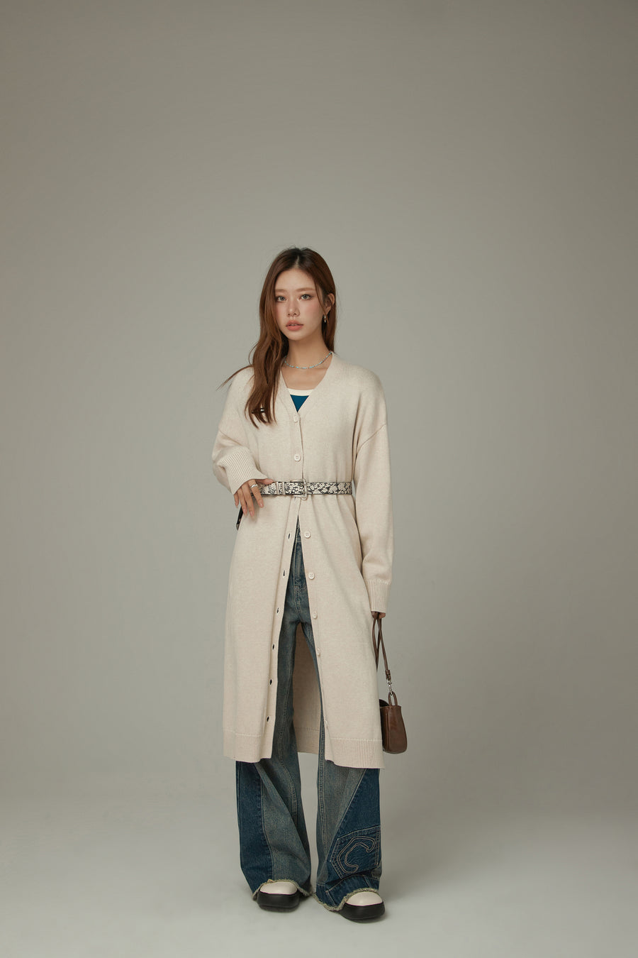 CHUU Slit Wrap Button Knit Long Cardigan