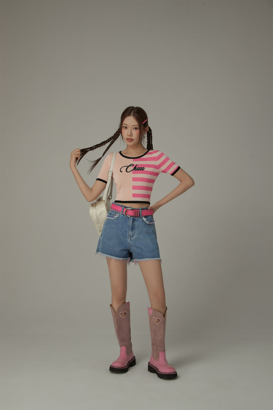 CHUU Chuu Lettering Half Striped Colorblocked Knit Crop Top