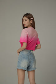 Gradient Short Sleeve Ribbon Tie Up Crop T-Shirt