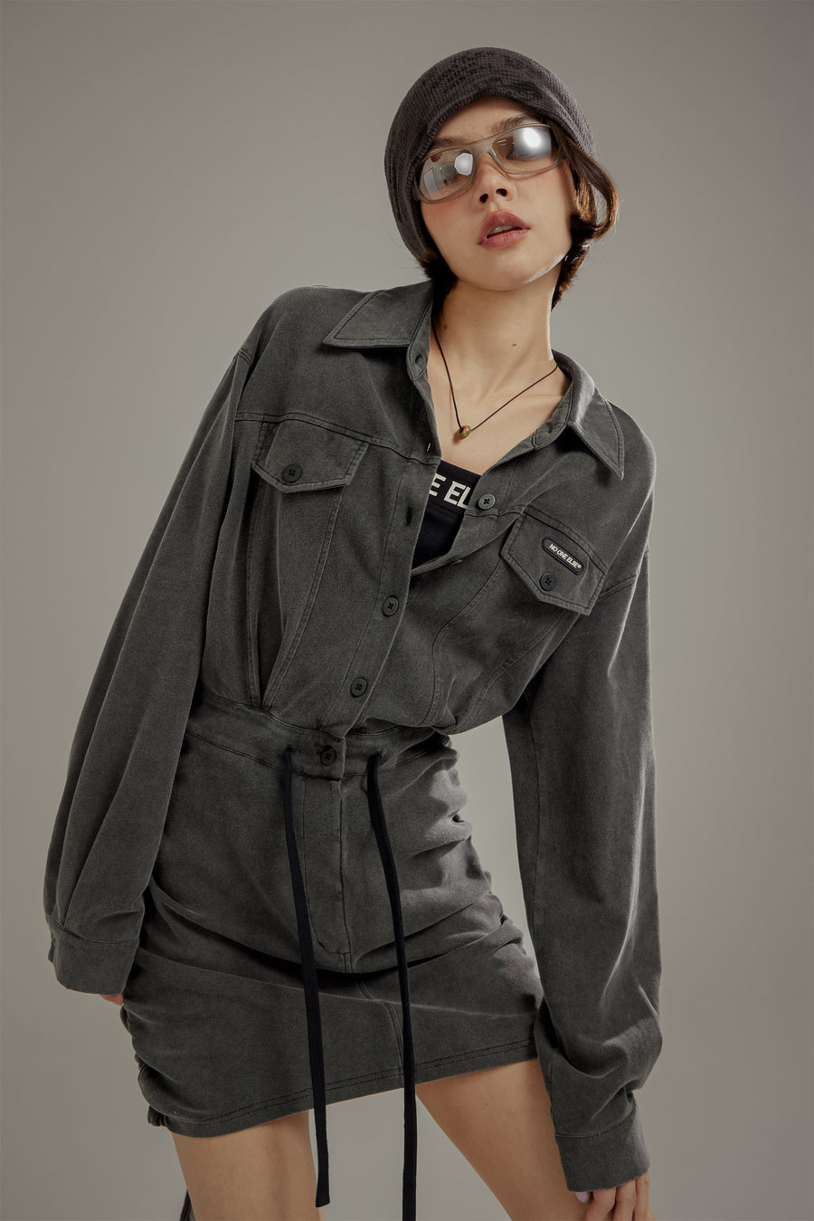 CHUU String Shirring Shirt Mini Dress