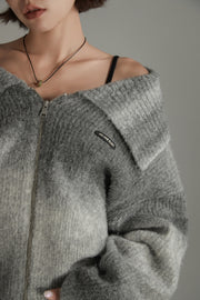 Big Collar Off The Shoulder Zip-Up Cardigan