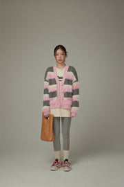 V-Neck Color Combination Stripe Knit Cardigan