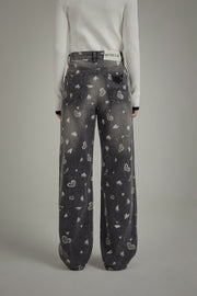 Heart Pattern Wide Denim Jeans