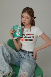 Size Doesnt Matter Colorful Embroidered Slim Crop T-Shirt