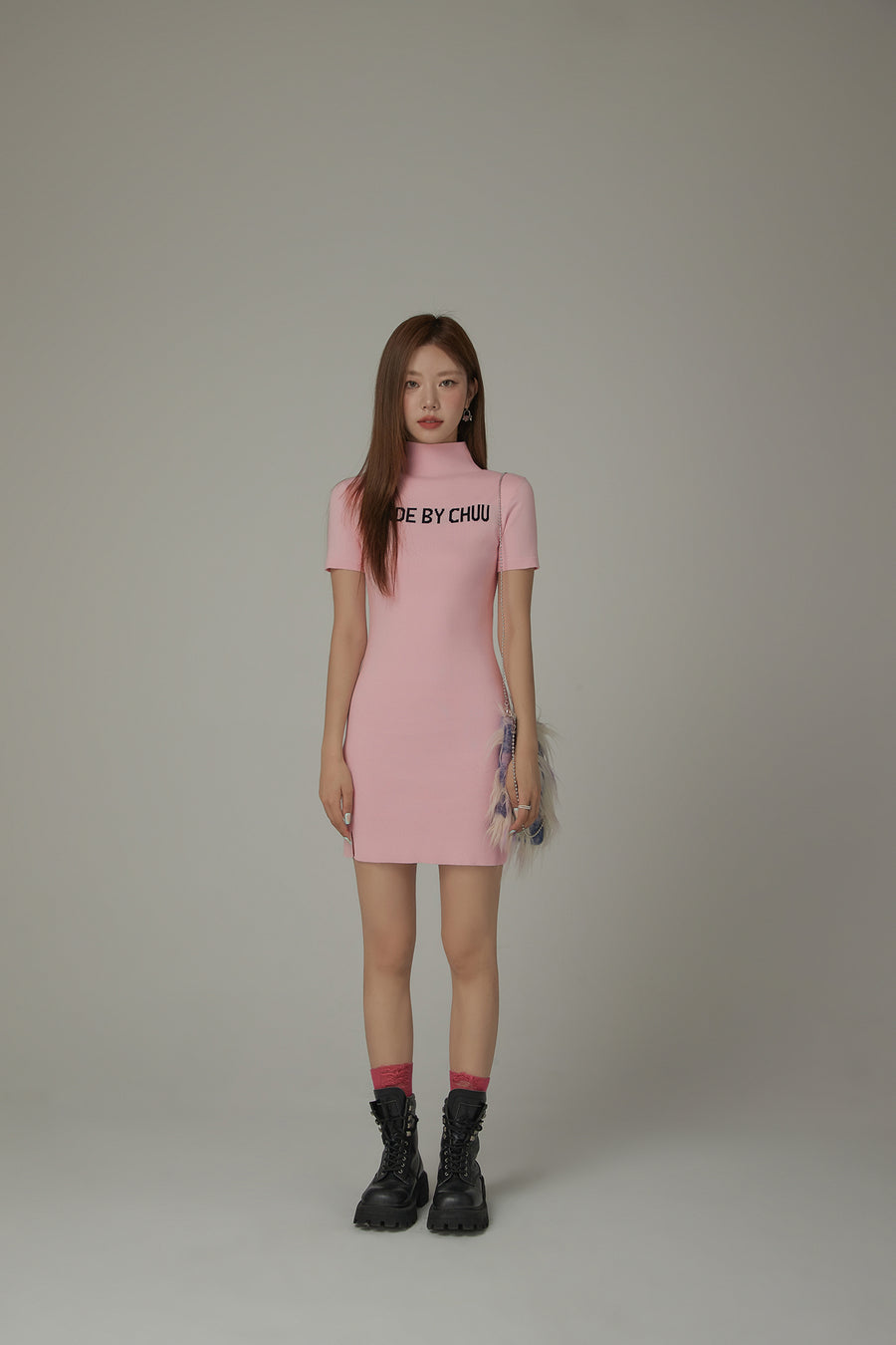 CHUU High Neck Logo Knit Mini Dress